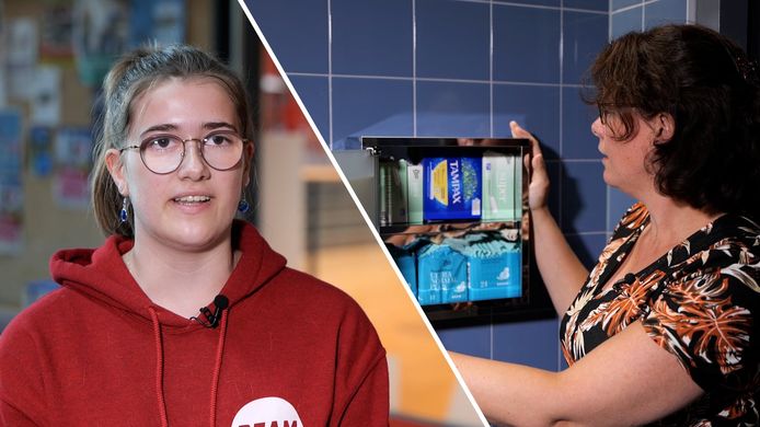 Wat is dat op het damestoilet van Gymnasium Bernrode in Heeswijk-Dinther? Een kast vol menstruatiemateriaal. Gratis. Om meisjes als dat nodig is, te allen tijde uit de brand te helpen.