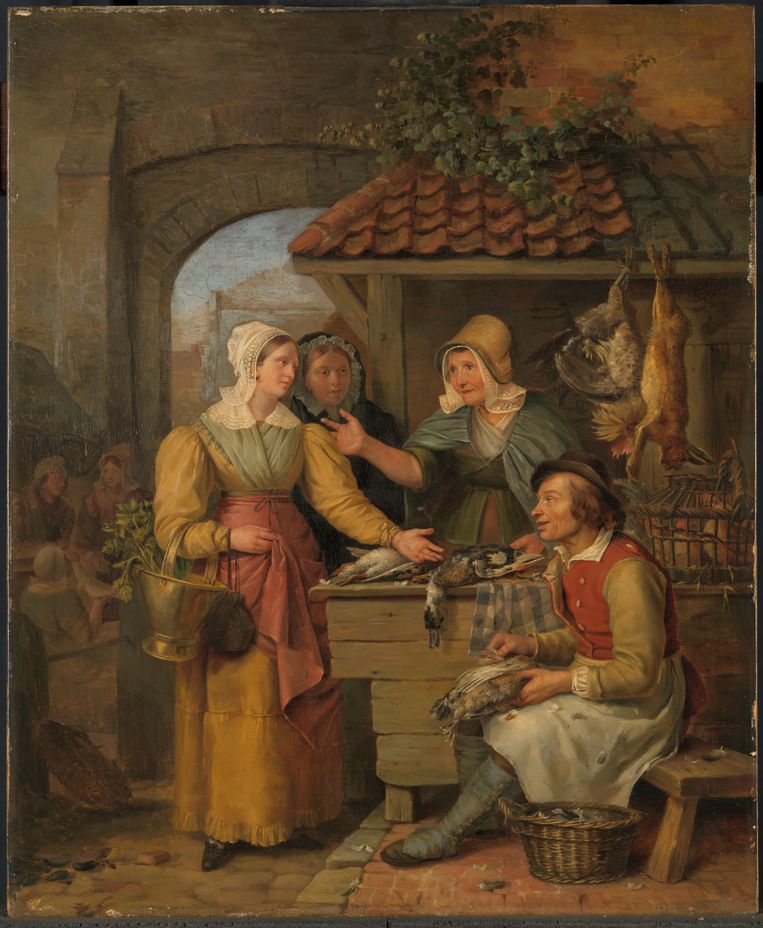  Willem Jodocus Mattheus Engelberts schilderde rond 1830 dit tafereel van twee vrouwen die hun inkopen doen bij de kraam van een poelierster. beeld amsterdam museum Beeld Amsterdam Museum