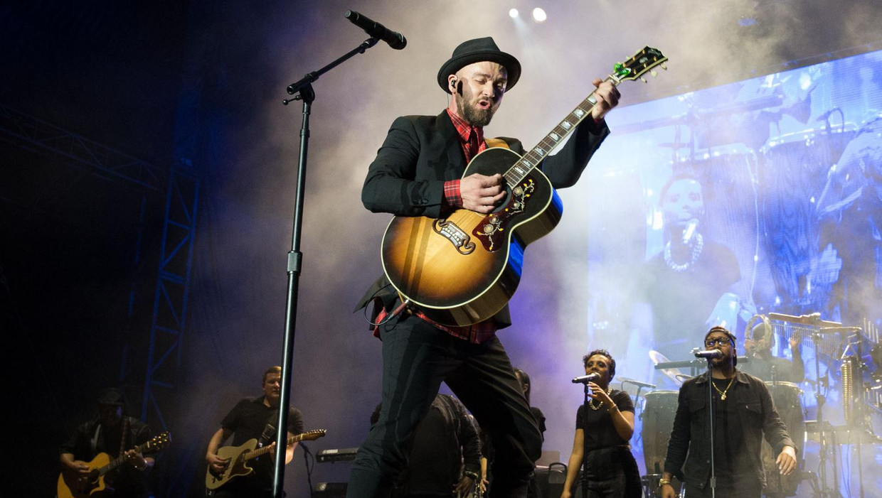 Justin Timberlake tijdens zijn optreden bij de Formule 1 Grand Prix in Austin, Texas. Beeld AFP
