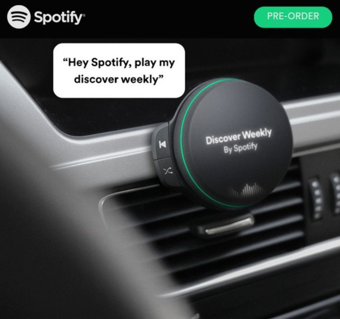 Het apparaatje van Spotify is eenvoudig op het dashboard aan te brengen.