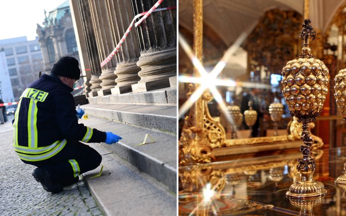 Een rechercheur zoekt sporen bij de ingang van het museum.
