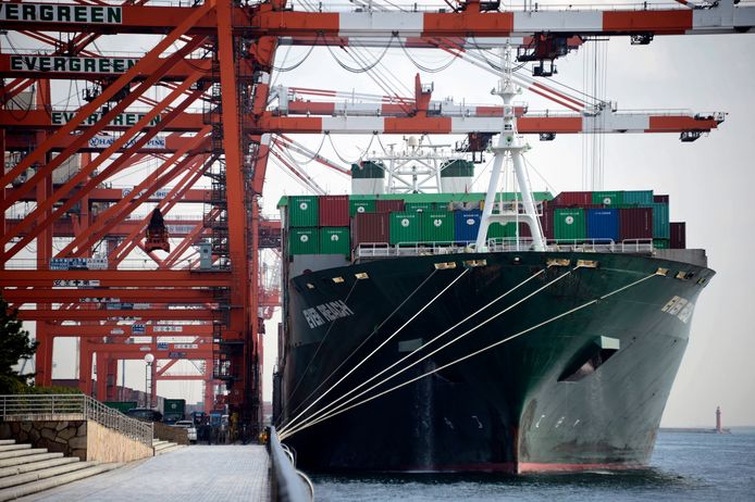 Archiefbeeld: een containerschip in de haven van Tokio.