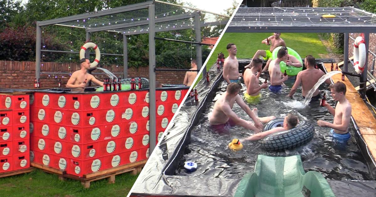 Vriendengroep uit Westerhoven bouwt groot zwembad van bierkratten: 'Het was wel even sparen’