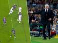 Links: Asensio staat héél nipt buitenspel, rechts: Ancelotti 'not amused'.