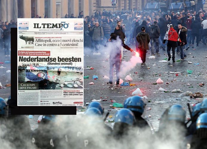 Aanhangers van Feyenoord tijdens de rellen in Rome.