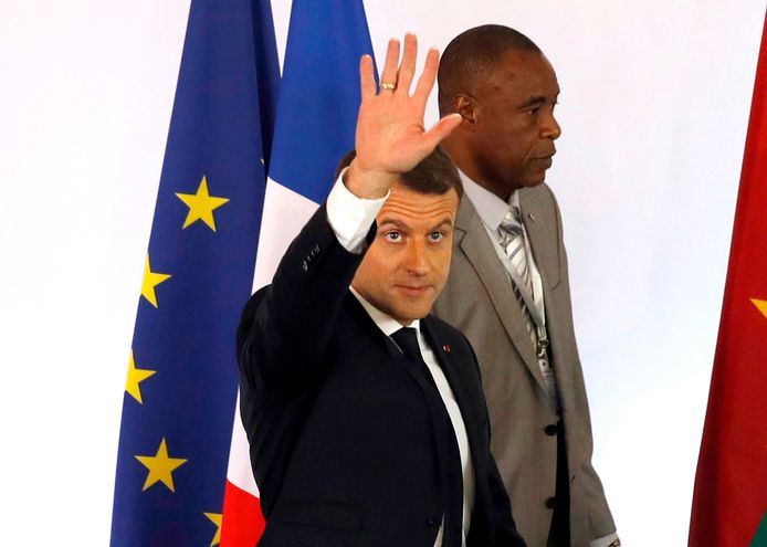 De Franse president Emmanuel Macron net voor zijn speech aan de universiteit van Ouagadougou.