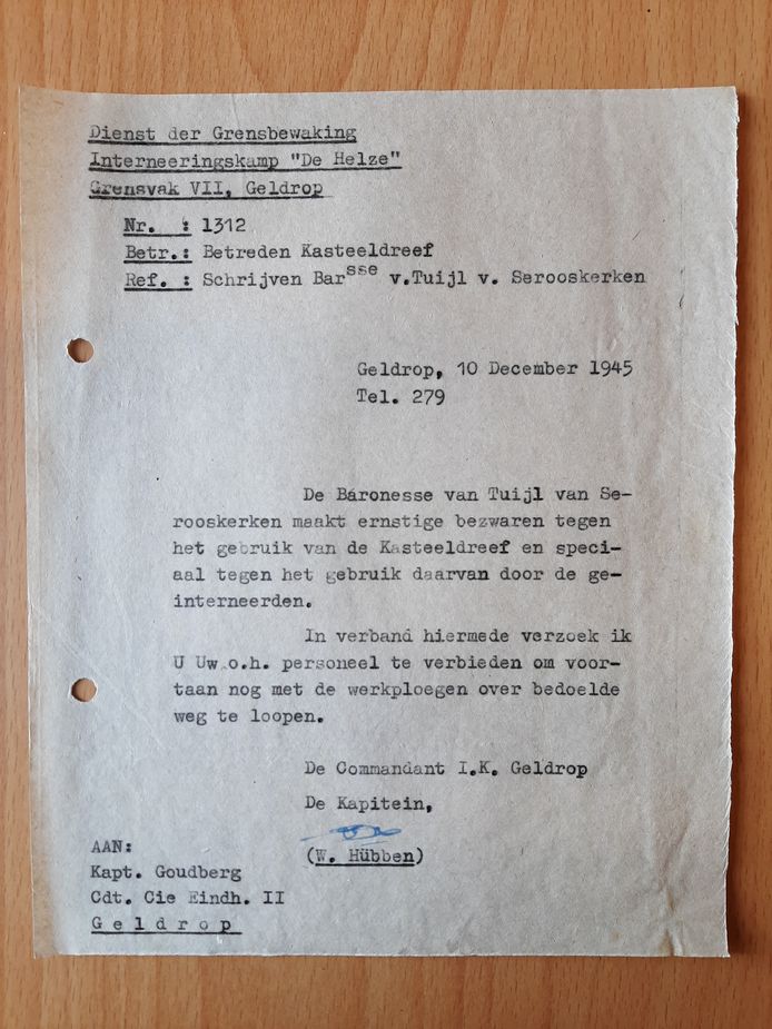 Een briefje namens de barones uit de adminstratie van het interneringskamp Geldrop