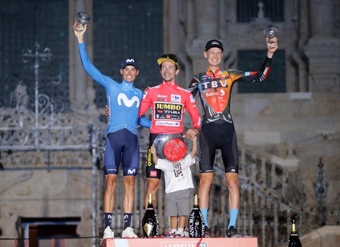 Vorig jaar won Primoz Roglic de Vuelta. Mas en Haig mochten mee op het eindpodium.