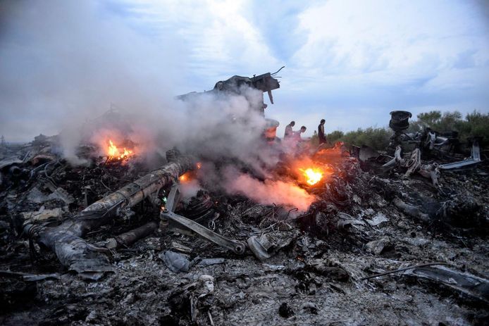 Puin van het MH17-toestel in een weiland in de Oekraïense regio Donetsk.