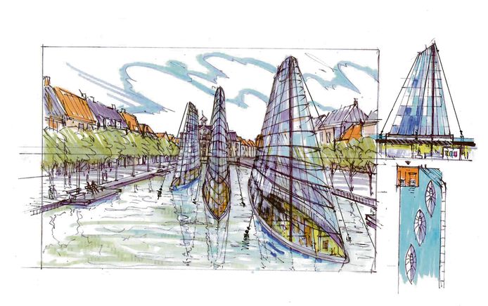 Dit is het plan van de Bergse kunstenaar Walter Hagenaars voor de Kaai. Drie lichtkoepels die eruitzien als zeilen, eronder een museum.