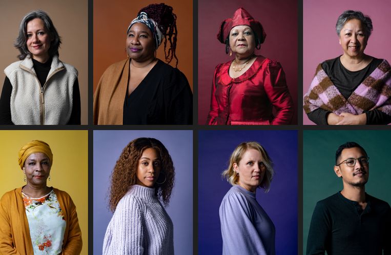 Hoofdpersonen boven (v.l.n.r.): Ernestine Wijdh, Gisèle Mambre, Norine Ramsahai en Jeanine Snertring. Onder: Wonny Stuger, Denussa Frijde, Helen Albers en Emiliano de Witt Beeld Martine Kamara