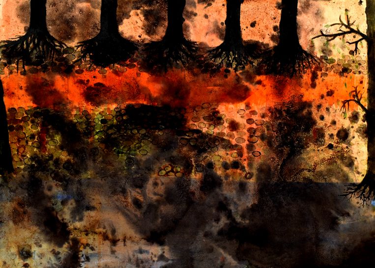 Dit angstaanjagend rood en zwart verbeeldt het apocalyptische verhaal van de Fang, een West-Afrikaans volk, over de drie-enige God Nzame, Mebere en Nkwa.  Beeld Mineke Schipper