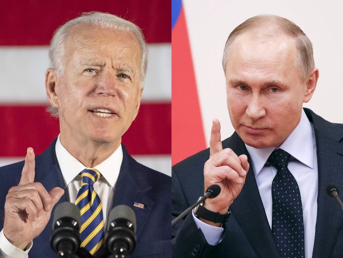 De Amerikaanse president Biden (links) en de Russische president Poetin op archiefbeeld.