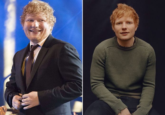 Ed Sheeran vlak na zijn tour in 2019 (links) en Ed Sheeran nu (rechts)