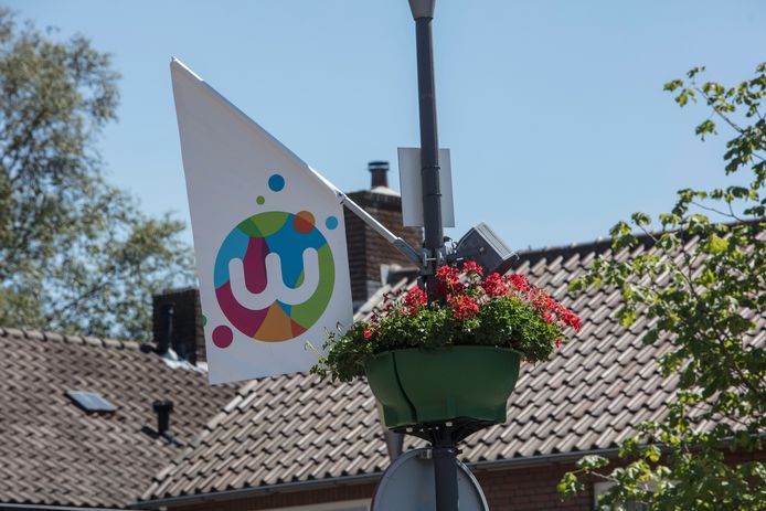 Hanging basket aan lantaarnpaal op Piet van Thielplein in Beek en Donk