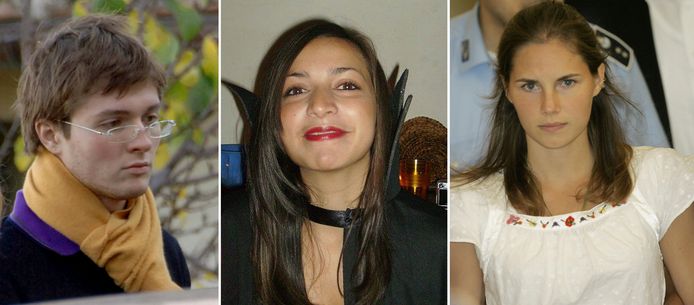 De Italiaanse ex-vriend van Amanda Knox, Raffaele Sollecito, haar vermoorde kotgenote Meredith Kercher en Amanda Knox zelf in 2008.