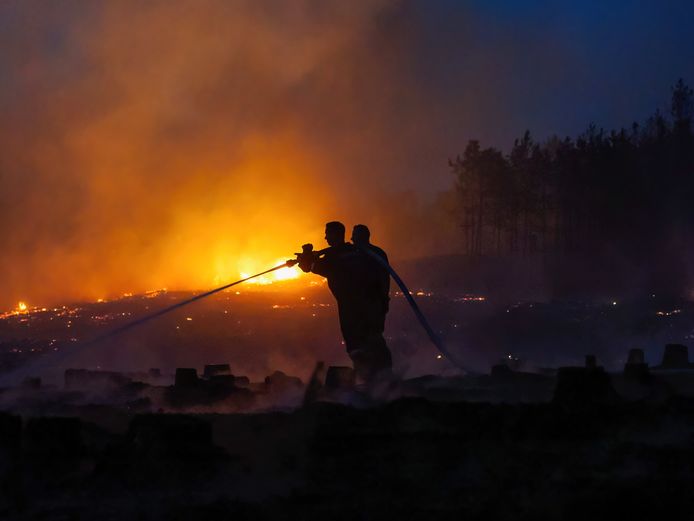 I vigili del fuoco ungheresi estinguono la foresta vicino a Soltszentimre.