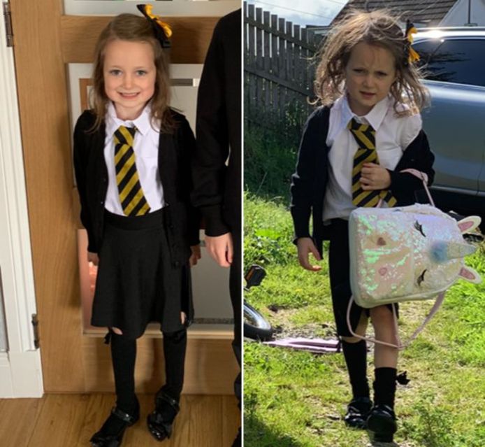 Lucie op haar eerste schooldag na de vakantie