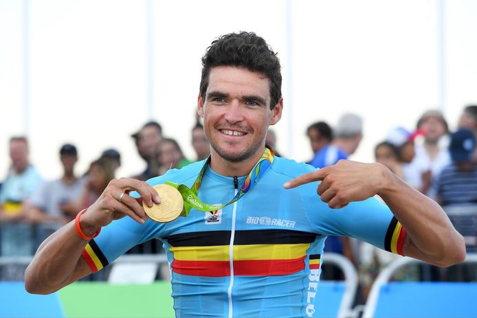 RIO DE JANEIRO, BRAZIL - AUGUST 06: Van Avermaet Greg of Belgium shows his gold medal during the podium ceremony after winning the Men Cycling Road Race of the Rio 2016 Summer Olympic Games in Fort Copacabana on August 06, 2016 in Rio de Janeiro, Brazil. 6/08/2016 (Photo by Vincent Kalut / Photonews