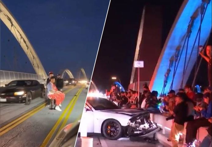Fotomontage. Beeld van de virale stunt met de kappersstoel op de beruchte brug in Los Angeles/ Veel bekijks op de brug na een verkeersongeval.