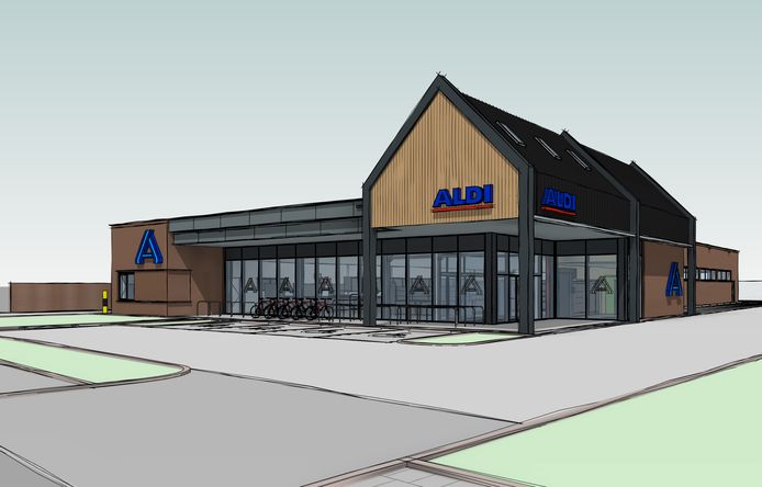 Tekening van de nieuwbouw van Aldi in Overdinkel.