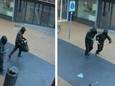 Twee mannen plaatsen een pakje bij Diner 66 in winkelcentrum Elderhof in Arnhem. Vermoedelijk gaat het om een explosief.
