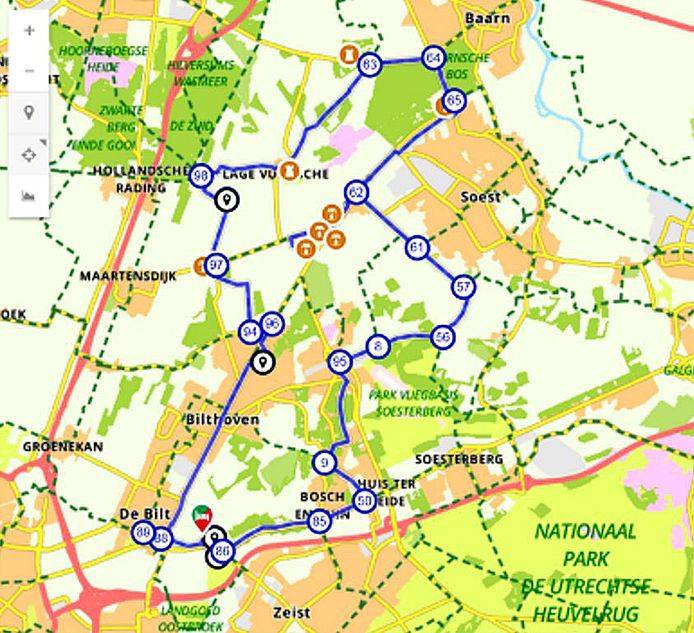 Het grote gebied van Anne’s fietsroute tussen Utrecht en de omgeving Baarn, Soest, Hilversum, De Bilt en Lage/Hoge Vuursche.