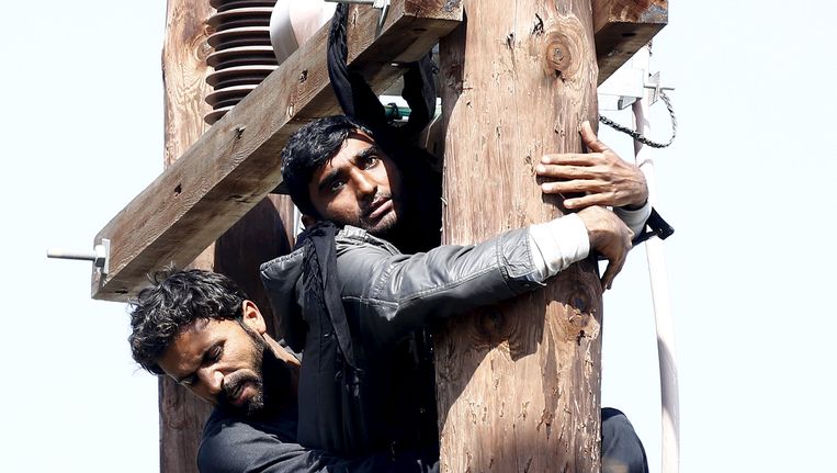 Een Pakistaanse migrant probeert zichzelf op te hangen aan een elektriciteitspaal in het registratiecentrum op Lesbos. Een andere migrant probeert hem tegen te houden. Beeld reuters