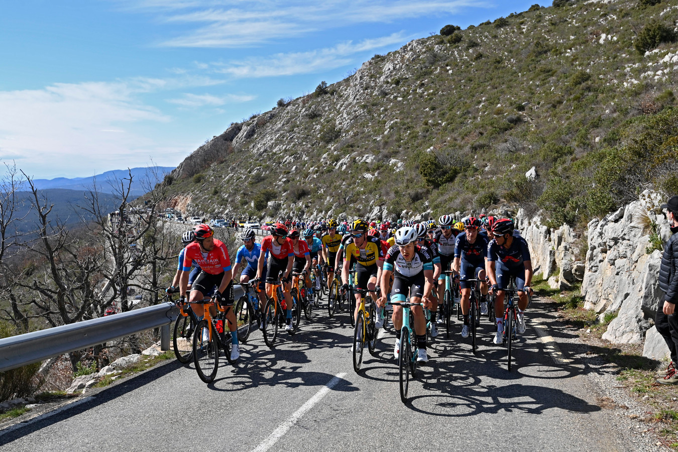 BIOT, FRANCE - MARCH 12 : Illustration picture of peloton during stage 6 of the 79th edition of the 2021 Paris - Nice cycling race, a stage of 202,5 kms between Brignoles and Biot on March 12, 2021 in Biot, France, 12/03/2021 ( Motordriver Kenny Verfaillie - Photo by Vincent Kalut / Photonews