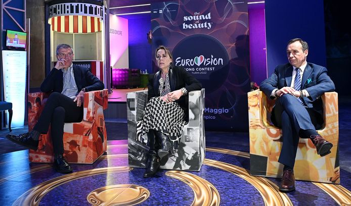Organisatoren Simona Martorelli, Claudio Fasulo en Guido Rossi van het Eurovisie Songfestival in Turijn.