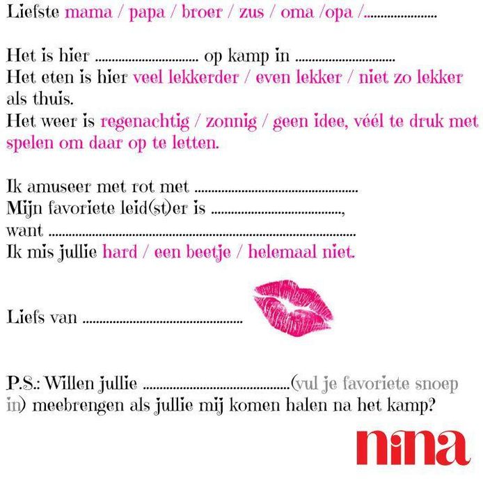 Om Af Te Drukken Nina S Briefpapier Voor Luie Kinderen Op Zomerkamp Familie Hln Be