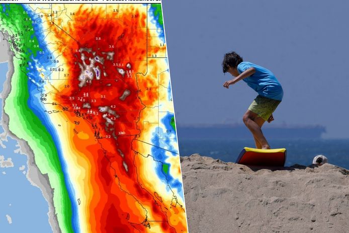 Deze jongen speelde vrijdag nog met een surfplank op een zandberm in Californië, maar dit weekend kan de pret snel omslaan door de krachtige storm.