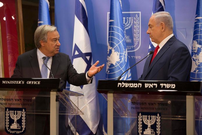 Secretaris-generaal van de VN Antonio Guterres met de Israelische premier Benjamin Netanyahu. Archiefbeeld uit 2017.