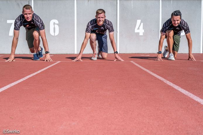 Pieter-Jan Neetens, Nick Van der Haegen en Cedric Callebaut,  aan de atletiekpiste van Aalst.