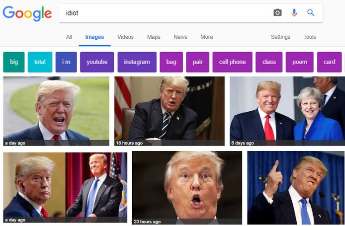 Zeven van de tien zoekresultaten zijn momenteel van Trump.