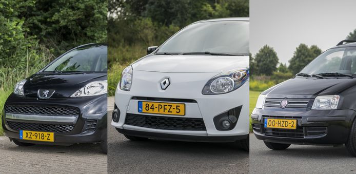 Drie compacte occasions: Peugeot 107, Renault Twingo en Fiat Panda.