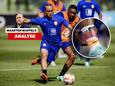 Xavi Simons en Steven Bergwijn tijdens de training van het Nederlands elftal, zónder scheenbeschermers. Inzet: de scheenbeschermer van Memphis Depay.