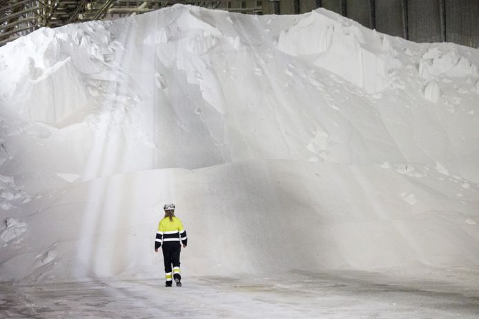 Een berg kunstmest in een hal van Yara in Sluiskil.