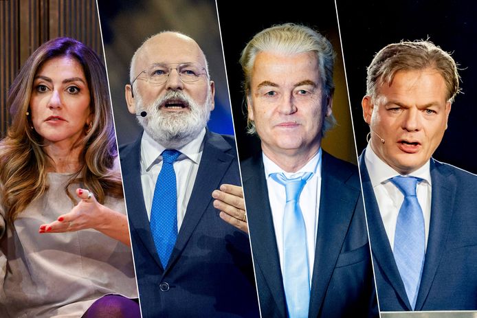Dilan Yesilgöz (VVD), Frans Timmermans (GroenLinks/PvdA), Geert Wilders (PVV) en Pieter Omtzigt (NSC) tijdens het verkiezingsdebat van SBS6.