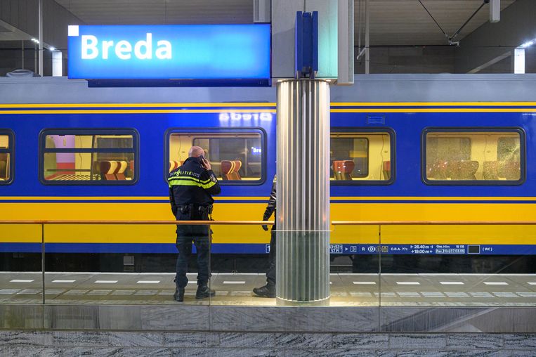 De trein met kapotte ruit in Breda. Beeld ANP