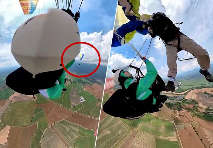 Paragliders raken met elkaar verstrengeld in de lucht
