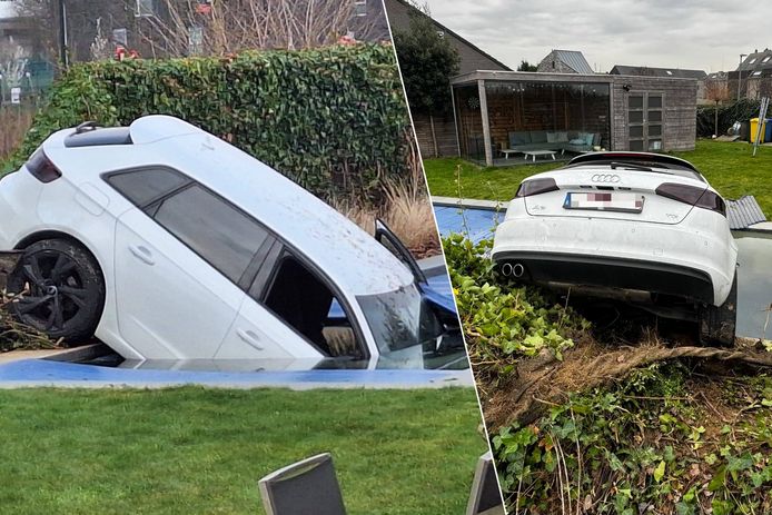 De witte Audi A3 ging rechtdoor aan een rondpunt, waarna de wagen in de tuin van een woning crashte