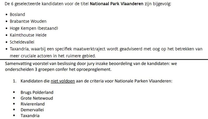 De website van Omgeving Vlaanderen (boven) en het juryverslag (onder) beweren wel heel andere dingen over de kandidatuur van Taxandria.