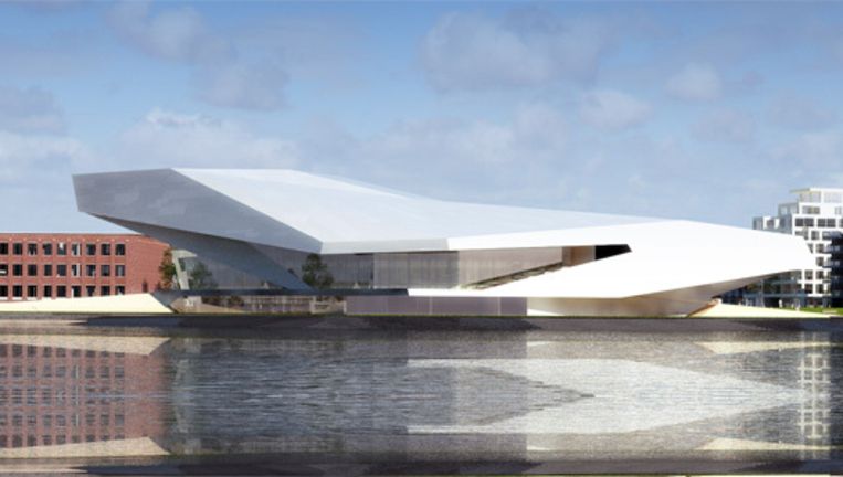 Het nieuwe Filmmuseum verrijst tegenover het Centraal Station in Amsterdam. Voor het ontwerp van het nieuwe museumgebouw tekent het Weense architectenbureau Delugan Meissl Associated Architects. Beeld 