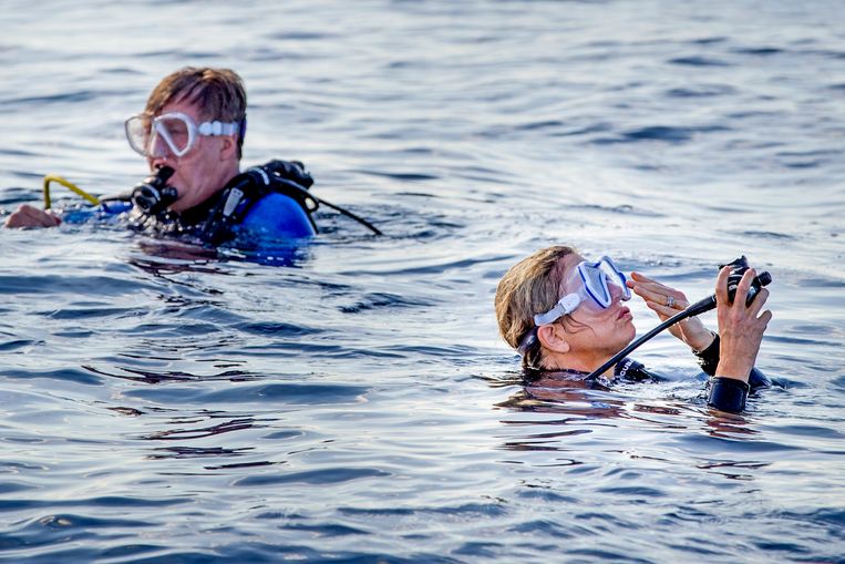 THE BOTTOM, SABA - DECEMBER 01: King Willem-Alexander of The Netherlands and Queen Maxima of The Netherlands during the diving experience on December 01, 2017 in The Bottom, Saba. (Photo by Patrick van Katwijk/Getty Images) Beeld Getty Images