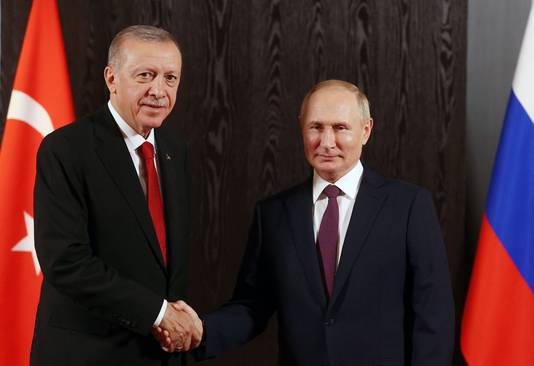 De Turkse president Recep Tayyip Erdogan met zijn Russische ambtgenoot Vladimir Poetin.