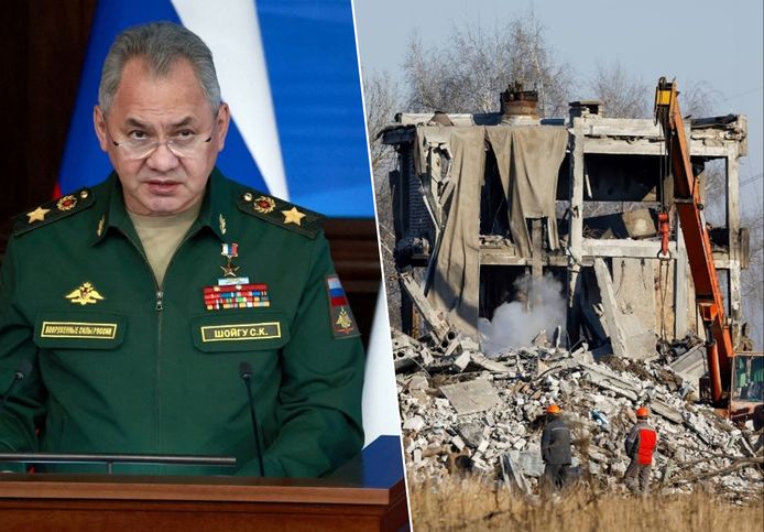 Le ministre russe de la Défense Sergueï Choïgou et l'école détruite à Donetsk.