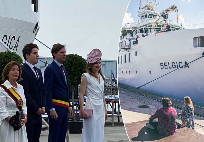 Prinses Elisabeth samen met Gents burgemeester Mathias De Clercq bij het schip.
