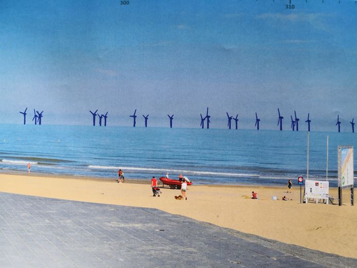 Een conceptbeeld van de windmolens in zee.