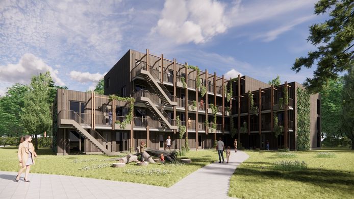 Een impressie van de appartementen die Van Wijnen gaat plaatsen in Buurtschap te Veld aan de Castiliëlaan in Eindhoven.